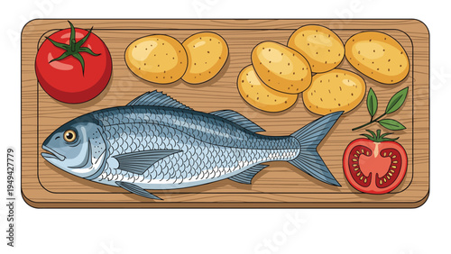 Fresh raw fish with potatoes and tomatoes on a wooden cutting board prepared for cooking a healthy mediterranean meal.