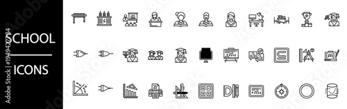 Comprehensive set of outline icons representing various academic and educational school subjects