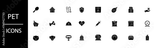 Essential collection of black glyph icons for pet care and animal services.