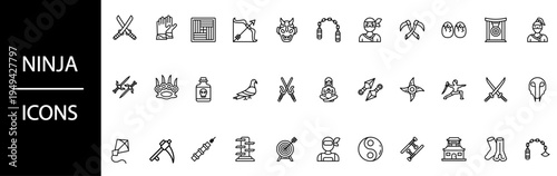Collection of black line art ninja and martial arts icons