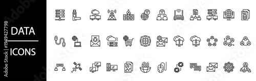 Collection of diverse outline data and network icons for technology concepts.