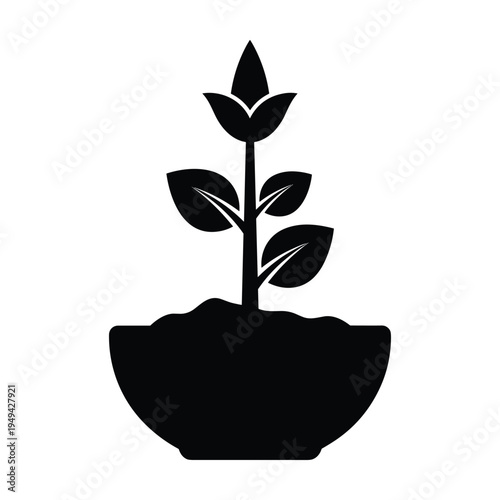 Black silhouette of a potted plant with a bud and leaves