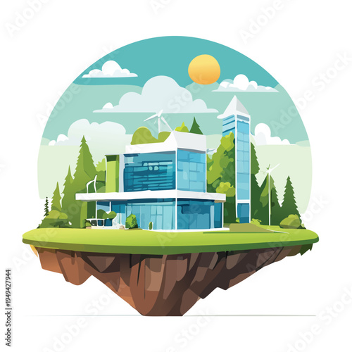 Floating island cityscape greenery buildings and sky in a round illustration
