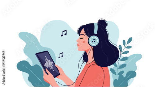Young woman with headphones listening to music or a podcast while looking at a tablet with sound waves displayed.