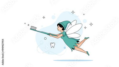 Magical tooth fairy character with wings flying through the air holding a large toothbrush for children's dental care.