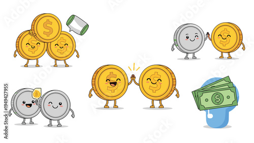Collection of cute anthropomorphic money characters including coins and dollar bills celebrating financial success.