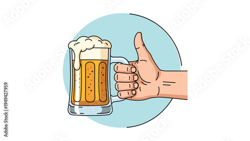 Person holding a large glass mug of cold beer with thick white foam on a light blue circular background.