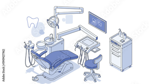 Isometric blue and white illustration of a professional dental clinic layout with chair, tools, and workstation.
