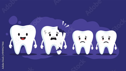 Row of tooth characters showing the progression of dental decay from a healthy white tooth to a damaged black one.