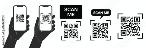 QR Code Scan Icon with Smartphone, Scan Me Barcode Sign, Mobile Phone Camera Scanning QR Code Symbol, Contactless Digital Payment and App Access Technology Concept, Vector Illustration