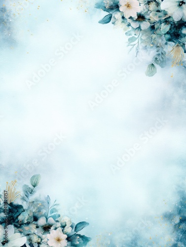 Dusty blue watercolor floral background with white flowers. Elegant botanical design for wedding invitations, greeting cards and feminine stationery.