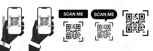 QR Code Scan Icon with Smartphone, Scan Me Barcode Sign, Mobile Phone Camera Scanning QR Code Symbol, Contactless Digital Payment and App Access Technology Concept, Vector Illustration