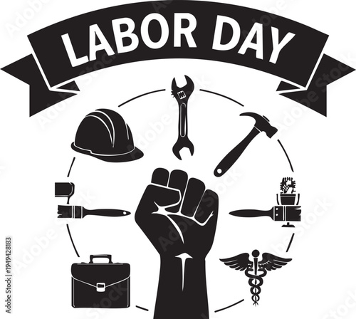 Labor day celebration with symbolic tools and fist raised
