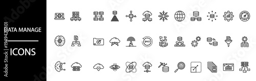 Modern collection of data management and networking line art icons.