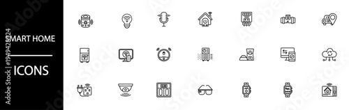 Smart home technology line icons representing modern house automation devices