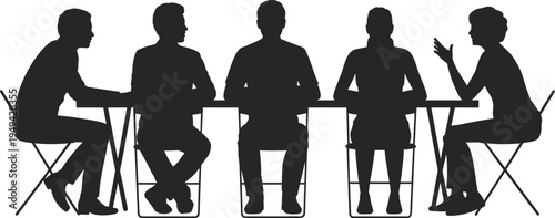 Business meeting discussion teamwork collaboration people sitting conference communication corporate office group strategy silhouette flat vector illustration design