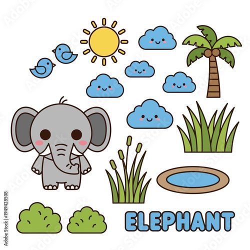 Gray Elephant Cartoon Character Portrait.