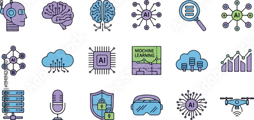 Artificial Intelligence and Machine Learning Technology Icons Set 24.