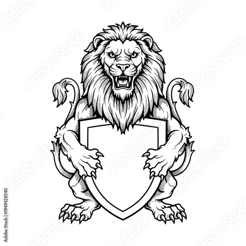 Lion Holding Shield Illustration Graphic.