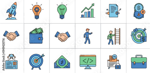 Collection of Business and Startup Icons Rocket Launch Idea Lightbulbs Growth Chart Handshake Wallet Target and More.
