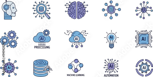 Artificial Intelligence and Machine Learning Icons Set.