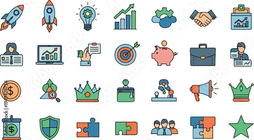 Collection of business and startup themed icons in a colorful flat design style.