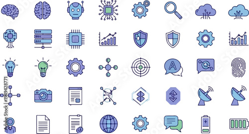 Collection of Technology and Business Icons Representing Innovation and Data.
