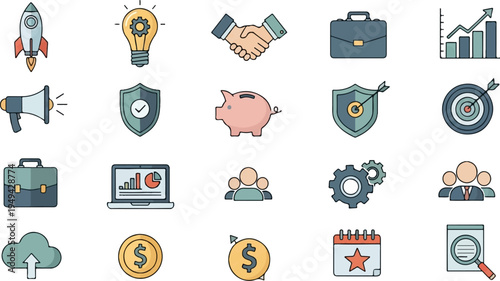Business and finance themed icon set with various symbols.