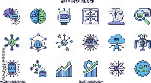 Deep Intelligence and Machine Learning Icons Set.