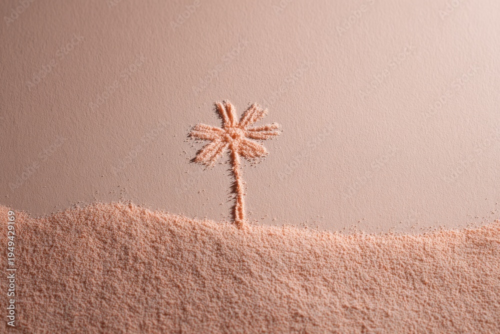 Fototapeta premium Soft peach landscape of powder with a palm tree silhouette sculpted from colored powder rising from a textured dune under gentle studio lighting