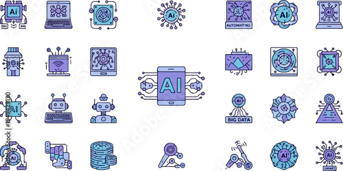 Artificial Intelligence and Machine Learning Technology Icons Set.