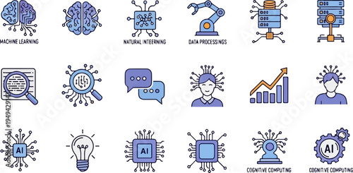Artificial Intelligence and Machine Learning Icons Set.