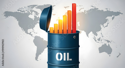 Rising oil prices concept with a barrel containing a growing bar chart over a global market map.
