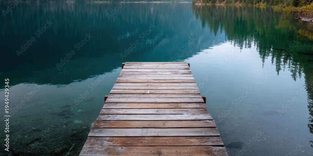Naklejka premium Wooden dock lake forest reflection with clear shallow water and distant pines, centered pier leading into glassy calm surface at dawn