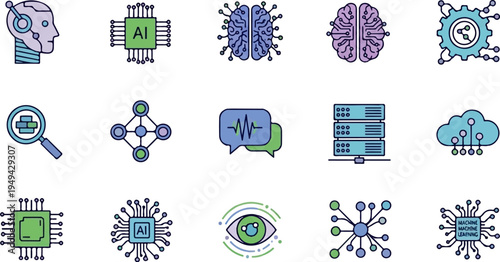 Artificial Intelligence and Machine Learning Technology Icons Set.