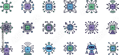 Artificial Intelligence AI Chip Processor Icons Set Vector 1.