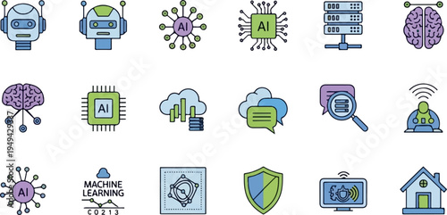 Artificial Intelligence and Machine Learning Icon Set 9.