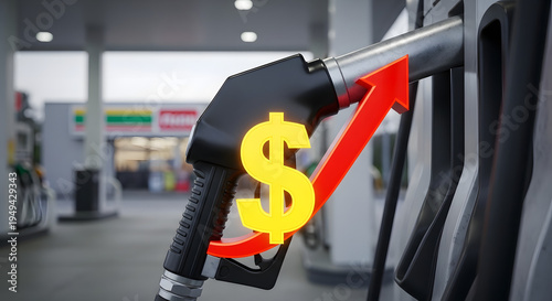 Rising gas prices concept with fuel pump, dollar symbol, and upward arrow at gas station.