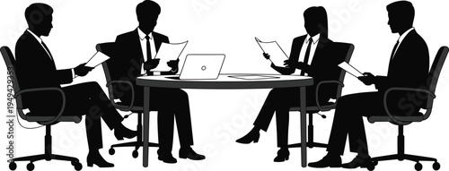 Business meeting silhouette illustration, corporate team reviewing documents at round conference table in modern office flat vector illustration