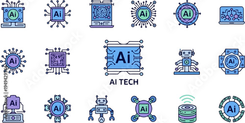 AI Tech Icons Set Artificial Intelligence Machine Learning and Robotics.