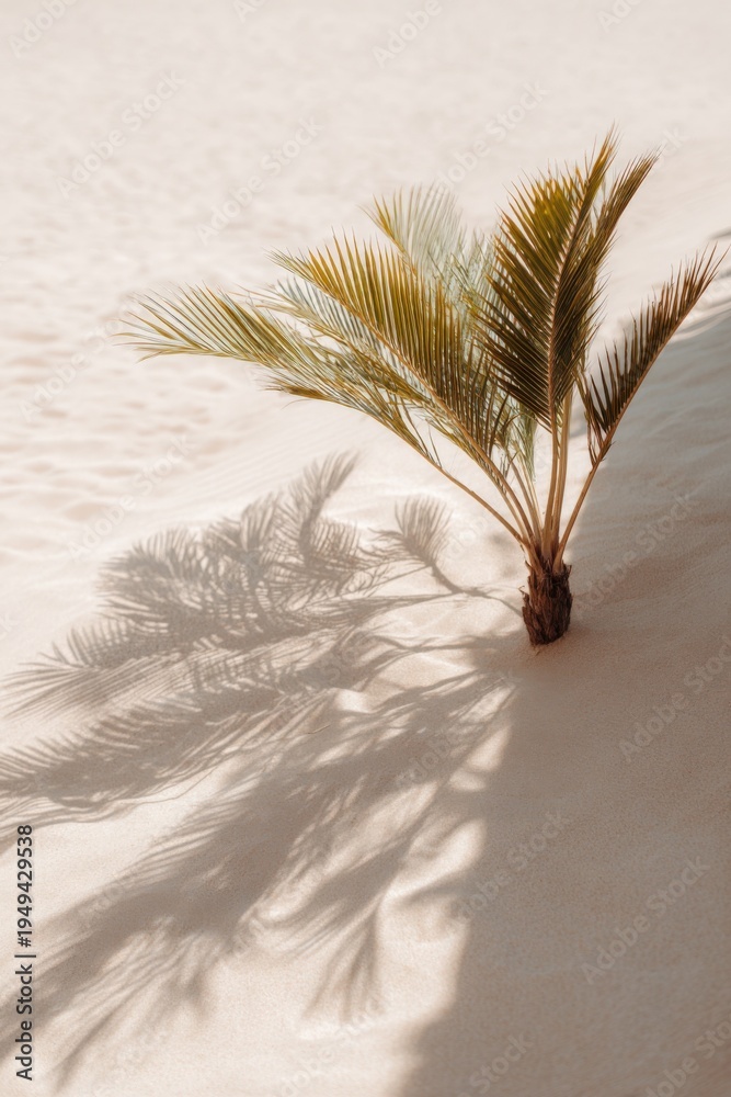 Obraz premium Young palm sprout in pale sand casting elongated shadow on sunlit dune serene tropical minimal composition