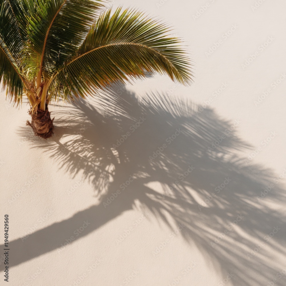 Fototapeta premium Sunlit lone palm tree casting long sharp shadow across smooth white sand beach with dramatic diagonal composition and tropical mood
