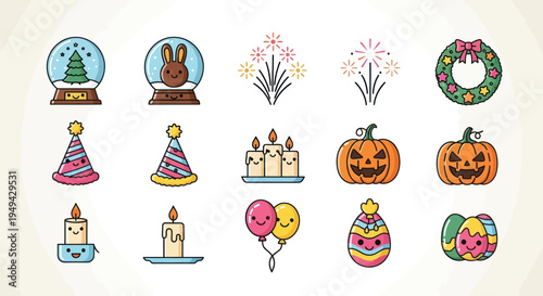 Holiday season festive icon set