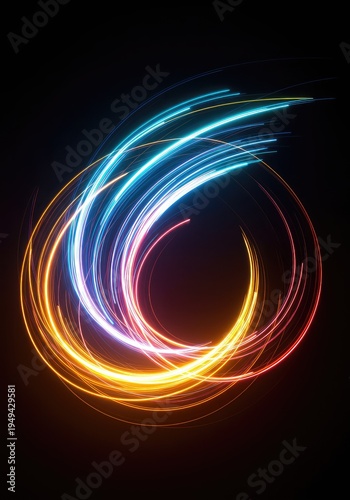 Dynamic swirling abstract composition featuring bright, luminous electric colors and energetic flowing lines suggesting rhythm, energy, and rapid movement, light, dynamic, texture
