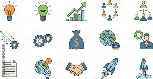 Collection of business and startup icons representing innovation growth finance and global collaboration.