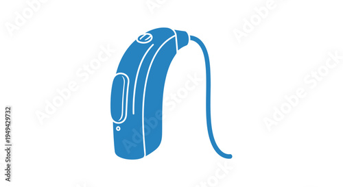 Blue hearing aid icon with wire on white background, technology and health concept