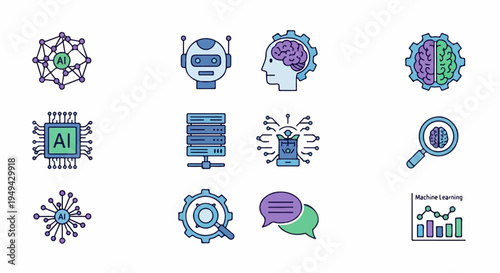 Artificial Intelligence and Machine Learning Icons Set.