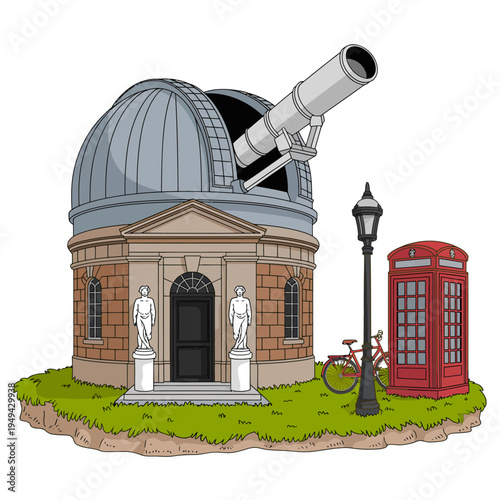Cartoon illustration of observatory building with telescope and red phone booth nearby outdoor scene