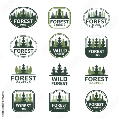 Collection of forest and pine tree logos for camping and outdoor activities