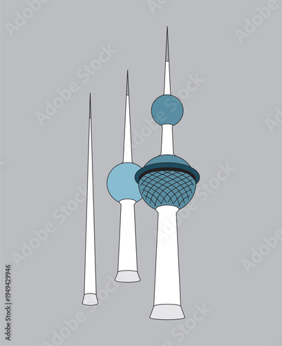 The three Kuwait towers in Kuwait City. Isolated on gray background.